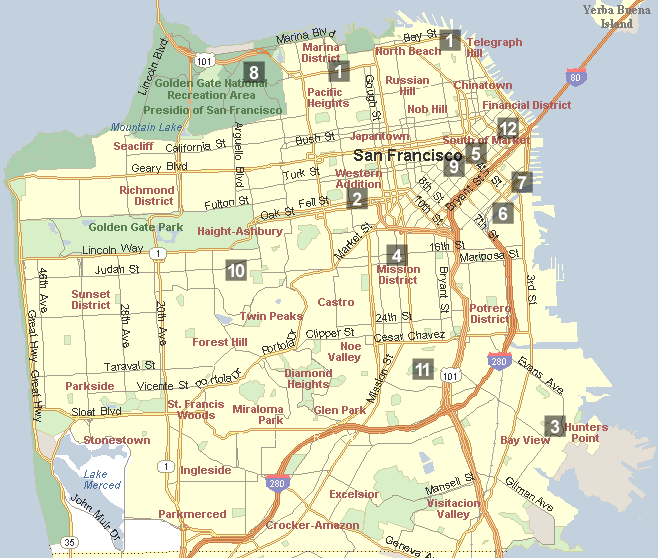 Neighborhood Map San Francisco. San Francisco - numbers refer